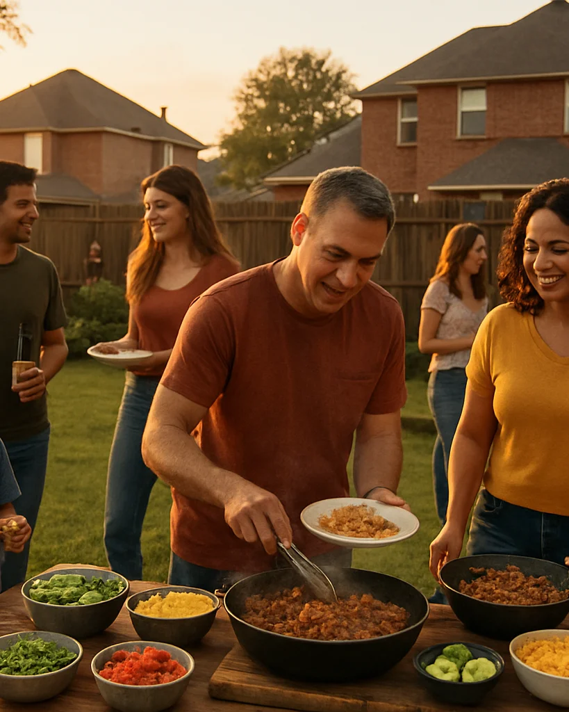 Wide view of a live taquiza grill station with a cook pressing fr