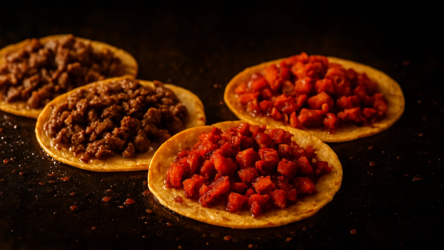 Close overhead shot of steaming guisados in a deep serving pan wi