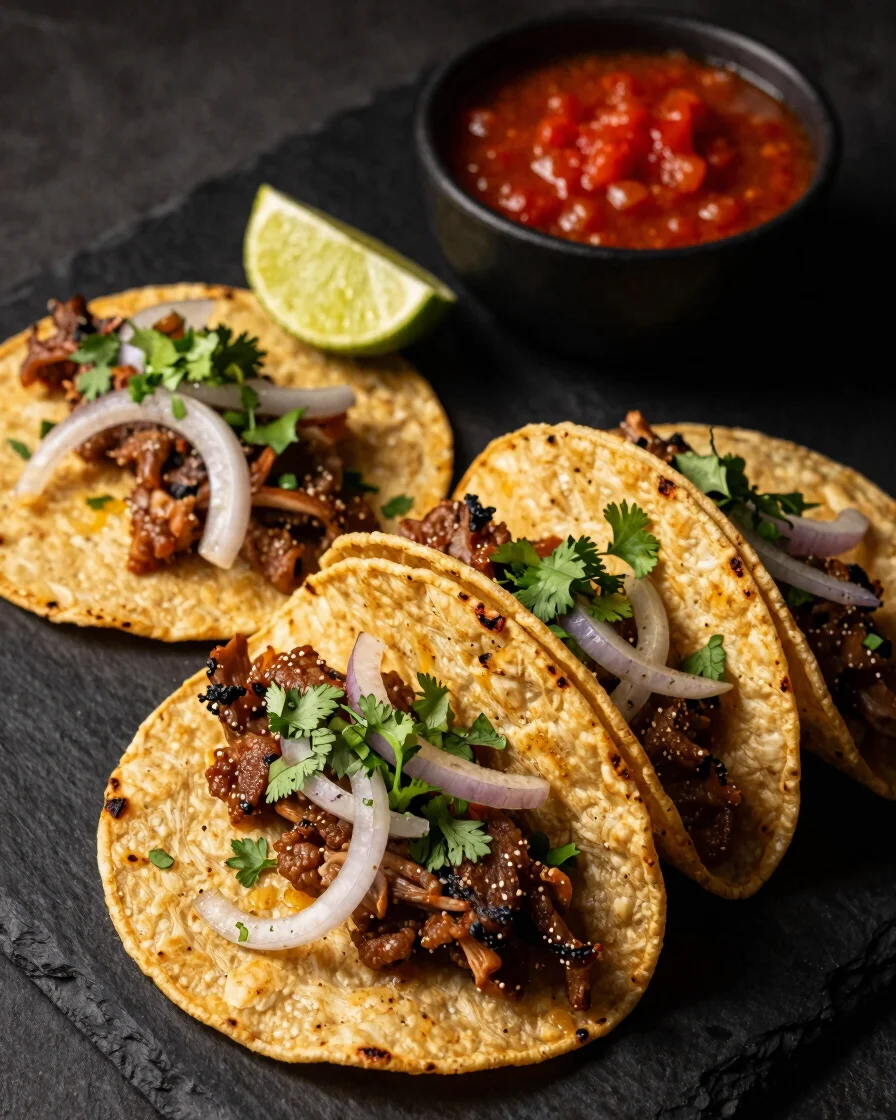 Close view of a cook flipping tortillas on a sizzling plancha, wa